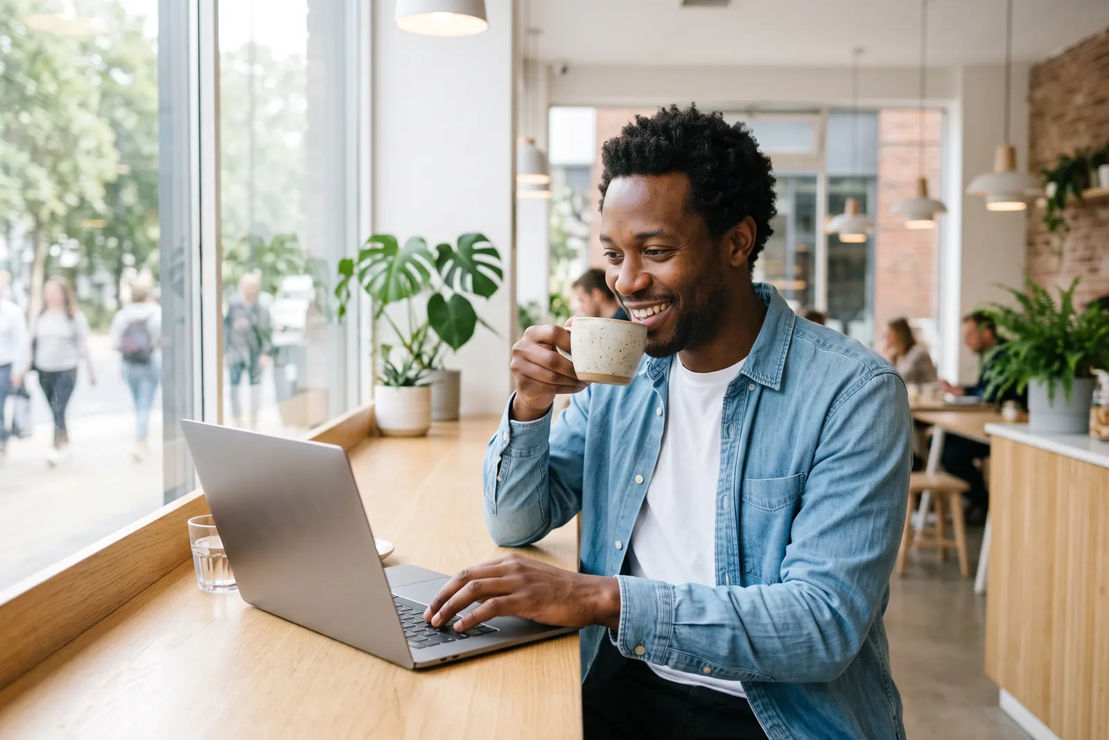 Homem toma café no notebook enquanto revisa vagas que já chegam com nota de encaixe