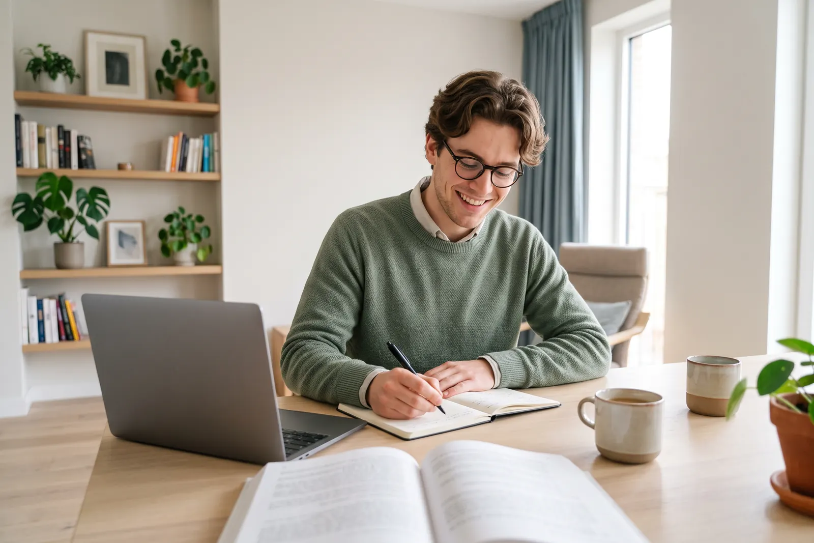 Homem estuda com um livro e o notebook as competências que faltam para o próximo cargo