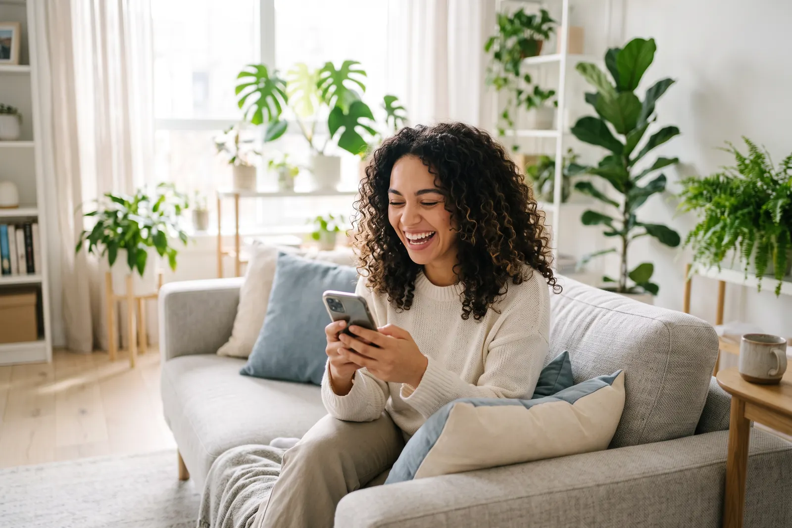 Mulher no sofá sorri para o celular ao encontrar uma vaga divulgada num post